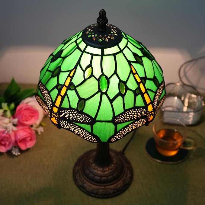 Tiffany Lamp Green Dragonfly Stained Glass Table Lamp 8X8X14 Inches Green Dragonfly Style Desk Reading Light Decor Beside Bedroom Living Room Home (H1057-Green Dragonfly)
