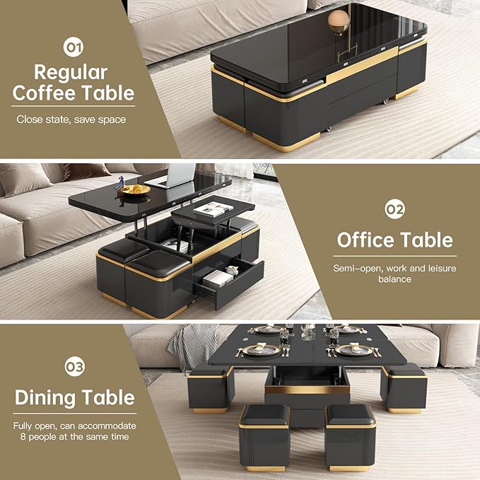 Lift Top Coffee Table with 4 Storage Stools, 3 in 1 Multi-Functional Coffee Table with Drawers, Convertible Table with Hidden Compartment Storage for Living Room, Apartment, Home, Black