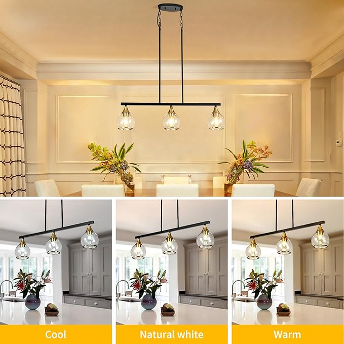 Island Light for Kitchen, 3-Light Black and Gold Kitchen Island Farmhouse Linear Hanging Pendant Chandeliers, Matte Black Dining Room Light Fixture Over Table with Clear Round Glass Shades