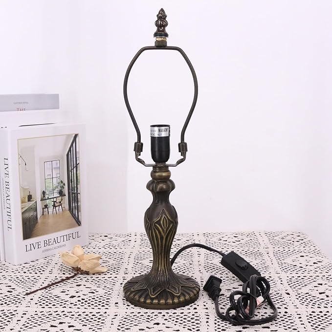 Table Lamp Base Replacement Only, Wide 4 Height 15 Inch, Fit for 6, 8, 10 Inch Tiffany Style Stained Glass Lampshade, Dark Bronze Finish,Resin, Push Switch On Cord(M (W4H15 Inch))