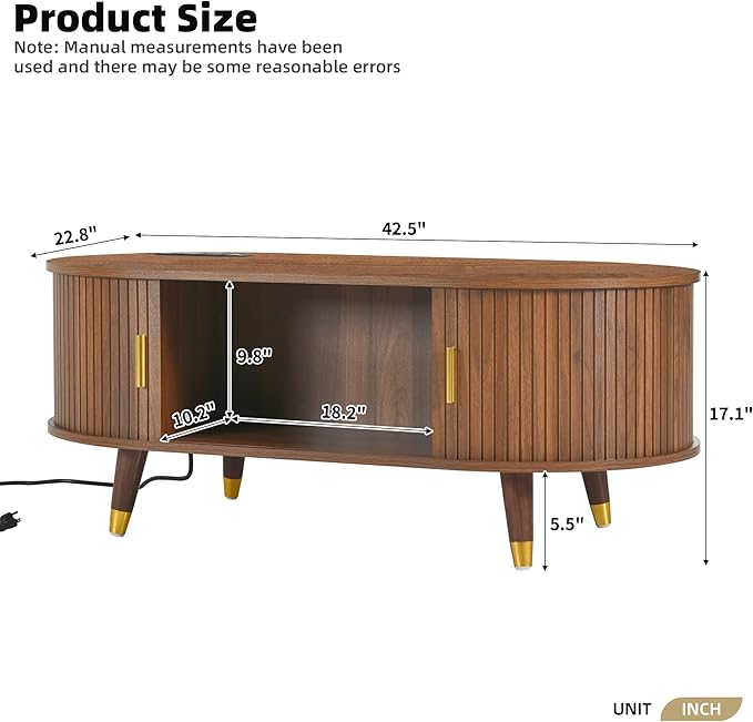 WILLIAMSPACE 42.5" Oval Coffee Table with Storage & Charging Station, Mid-Century Modern Center Table with Sliding Tambour Door, Farmhouse Tea Table with Solid Wood Legs for Living Room, Walnut
