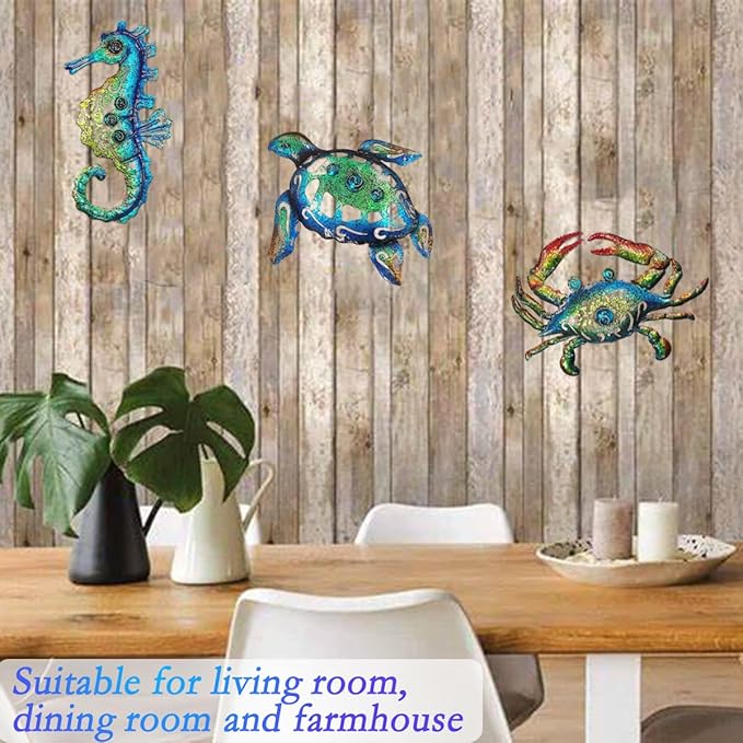 Weibefee Metal Sea Turtle Seahorse Crab Beach Themed Bathroom Wall Art Christmas Decor, Ocean Themed Wall Christmas Decorations Gift for Home Bathroom,10 Inch, Set of 3…