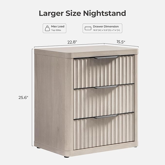 SICOTAS Night Stand Nightstand with 3 Drawers Storage Bedside Table Large Fluted Bed Side End Table Modern 25.6" Tall Wide Night Stands for Bedroom Living Room Sofa Couch Home Office, White Alder