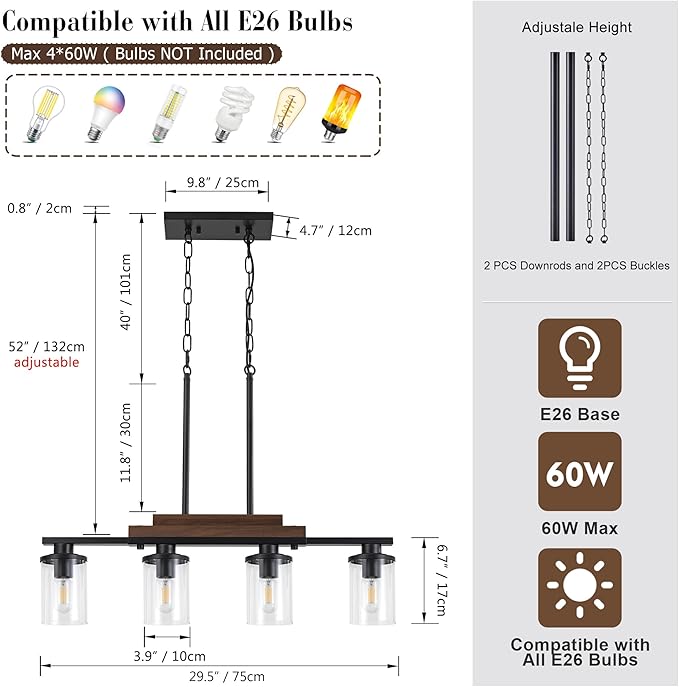 Pendant Lights Kitchen Island, 4-Light Farmhouse Chandeliers for Dining Room, Black Linear Chandelier with Clear Glass Shades, Modern Rustic Wood Chandelier with Adjustable Height