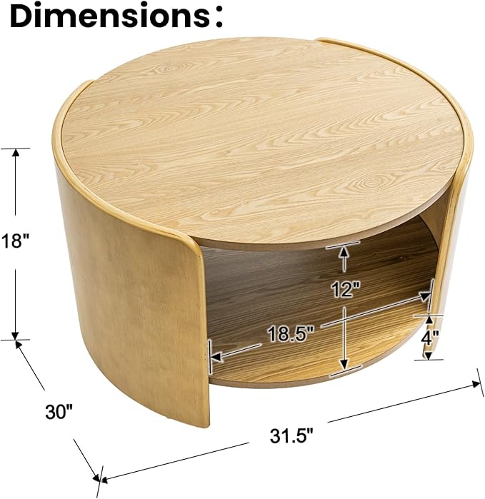 DUOMAY Wood Coffee Table, 31.5" Round Coffee Table with Storage Shelf Mid Century Modern Center Table for Living Room Apartment, Natural Oak Color