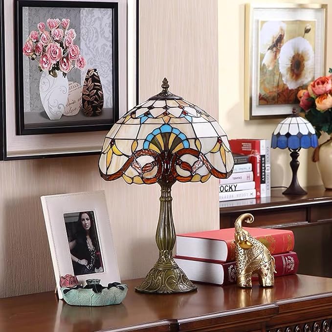 Tiffany Style Lamp 12 Inches,Yellow Stained Glass Table Lamp, Baroque Style Desk Lamp for Bedroom,Living Room,Home Office