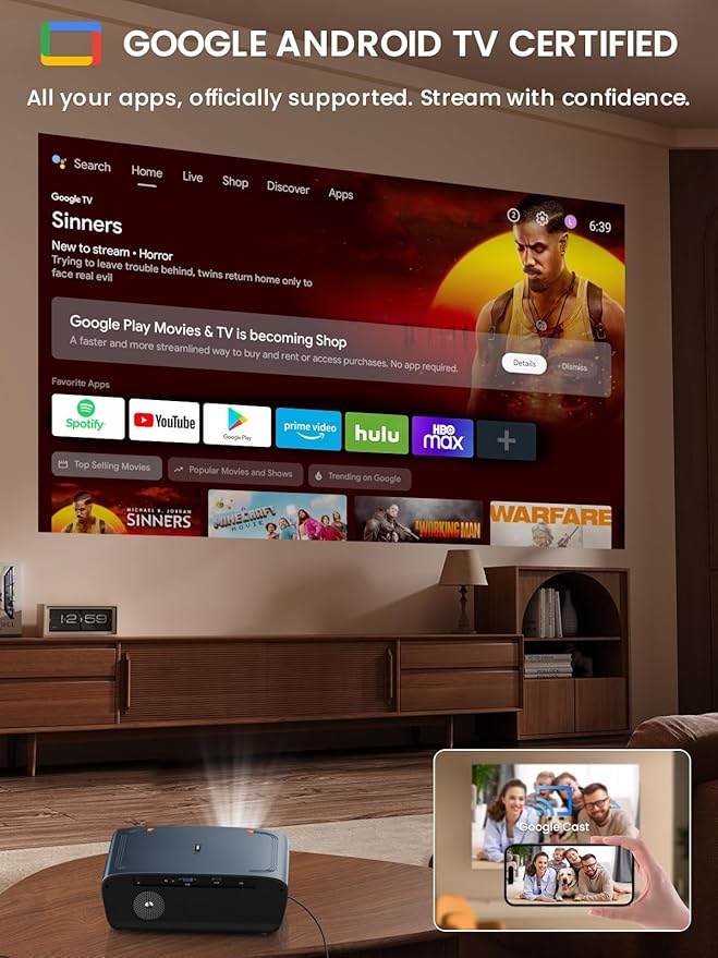 Smart 4K Projector with Certified Apps,Google TV,WIFI6&Bluetooth,2400ANSI Lumen Ultra HD Daytime Projector,ToF Auto Focus,DB Audio,HDR10,NFC,HDMI ARC,1.26 Throw Ratio for Home Theater Outdoor Movie