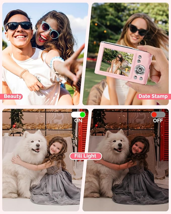Digital Camera, 48MP FHD 1080P Point and Shoot Camera with 16x Zoom, Anti Shake Compact Portable Camera for Photography with 32GB Card, Autofocus Camara for Kids, Beginners, Teens, Pink