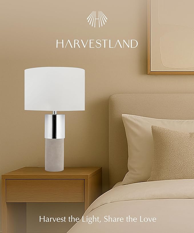 HarvestLand 22" Sole Cement Large Table Lamp – Modern Round Stone Lamp with Chrome Accent for Entry Table or Lamps for Living Room, Decorative lamp, Bedside Table Lamps