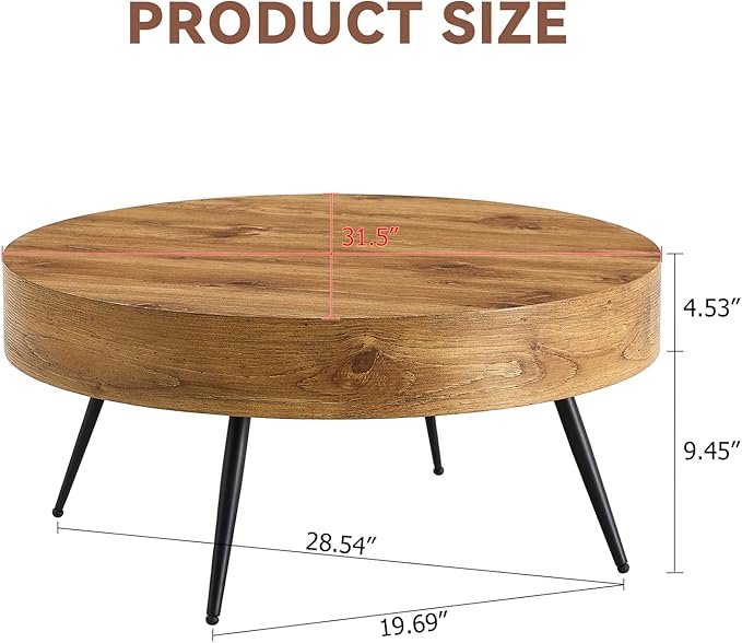 LKTART Coffee Table for Living Room, Round Wood Coffee Tables with Storage, Modern Metal Accent Center Tea Table for Apartment Small Space (31Inch-Brown)