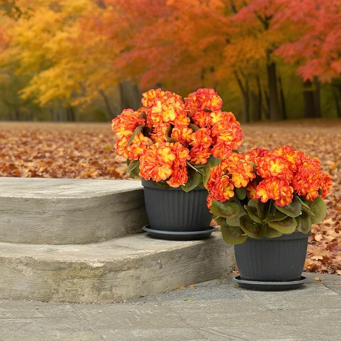6 Bundles Silk Geraniums Artificial Flowers for Outdoors, UV Resistant Faux Plants Realistic for Garden Patio Porch Window Box Home Indoor Outdoor Decor (6, Orange-Yellow)