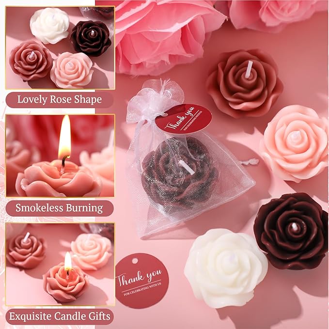 Treela 24 Setflower Candles Wedding Favor for Guests Mini Burgundy Rose Shaped Tealight Candles for Return Gift Wedding Birthday Bridal Shower Housewarming Party