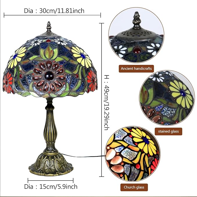 Tiffany Style Stained Glass Lamp 12 Inches Vintage Table Lamp for Desk Bedroom, Bedside Und Reading Desk Light, Led Bulb Included
