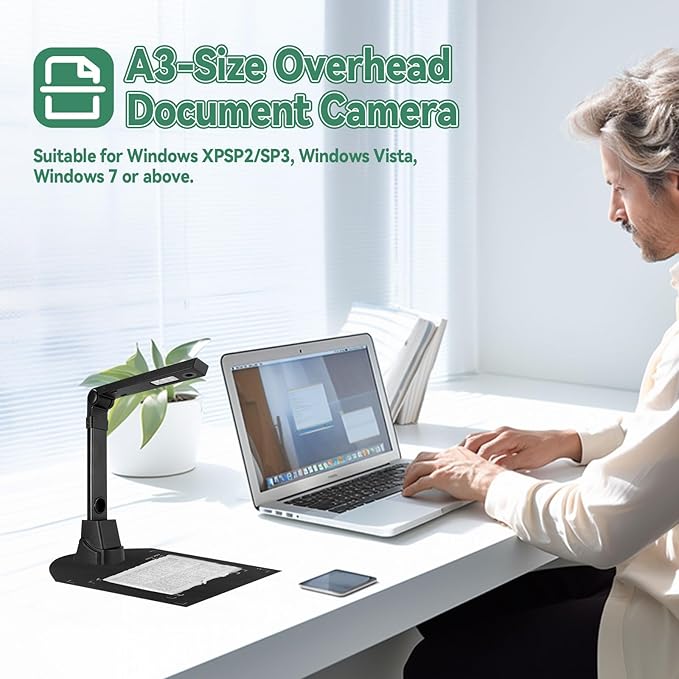Document Scanner, 12MP Book Document Camera for Teachers Multi-Language OCR Recognition Foldable & Portable Pocket Book/Multi-Page Scanning, Capture Size A3/A4, Only Windows