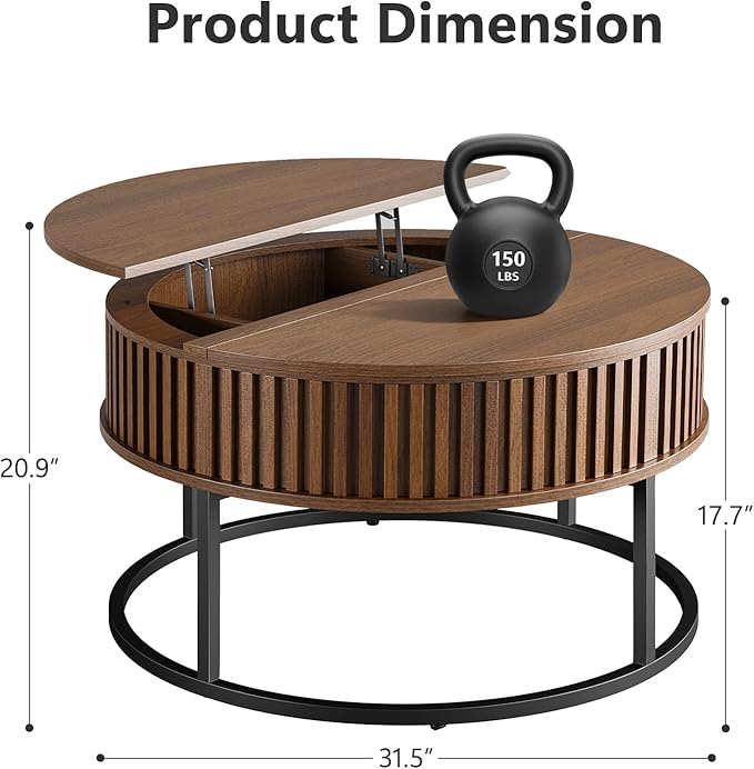 Round Coffee Table with Lift Top - Fluted Wood Center Coffee Tables for Living Room, Lifting Up for Dining, Large Hidden Circle Storage Compartment for Small Spaces, Mid Century Modern, Walnut
