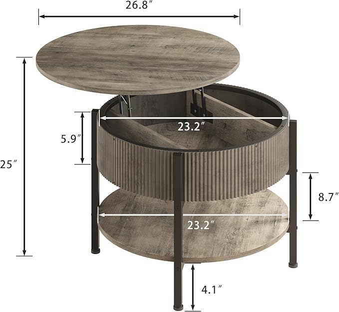 Small Round Coffee Table with Fluted Panel, Lift Top Coffee Table with Hidden Compartment and Open Shelf, Modern Lift Tabletop Dining Central Table for Living Room, Home Office, Grey