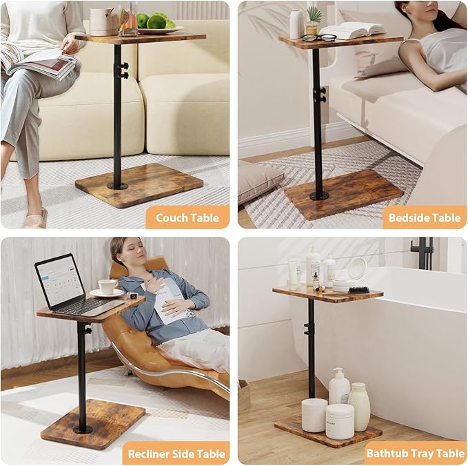 TV Tray Table, Adjustable C Shaped End Table for Couch, 360°Swivel Couch Side Table C Table That Slide Under Couch Desk for Small Space Sofa Bed Snack Living Room Bedroom(Rustic)