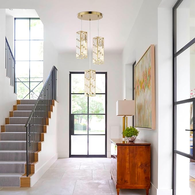 3-Light Brass Pendant Lights Modern Pendant Light Fixture, Mini Crystal Pendant Ceiling Light, Pendant Light for Kitchen Island, Dinning Room, Bedroom, Kitchen Sink Lighting (3 Lights)