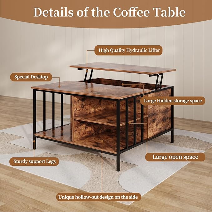 AQY 32.4" Lift Top Coffee Table with Storage, Square Coffee Tables for Living Room, Modern Farmhouse Heavy Duty Coffee Table with Large Hidden Compartment and Storage Shelves,Assembly Required