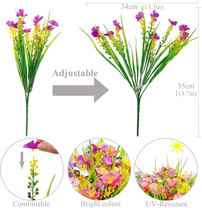 Artificial Flowers Outdoor UV Resistant 12 Bundles Faux Silk Summer Spring Wildflower Plants Plastic Fake Greenery Shrubs for Outside Planter Porch Window Boxes Garden Decoration