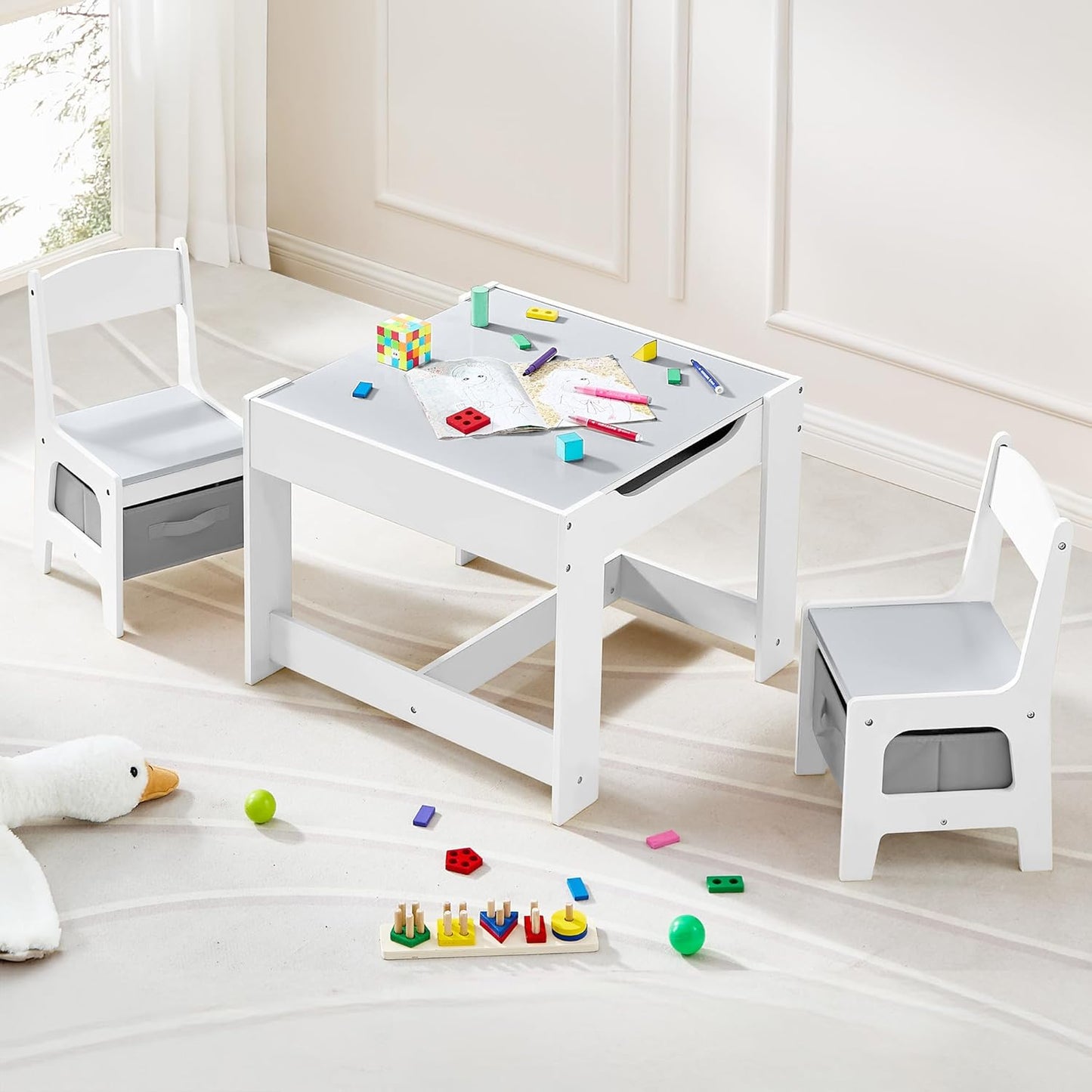 Kids Table and Chair Set, 3 in 1 Wooden Activity Table with Detachable Tabletop, Toddler Table and Chair Set with Storage Drawer, Kids Play Table for Children Art, Craft, Eating, Learning