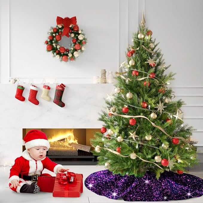 Purple Christmas Tree Skirt 46 Inch Sequin Tree Skirt Glitter Christmas Tree Skirts Large Velvet Tree Carpet Halloween Tree Skirt Vintage Xmas Tree Skirt Blanket ShinyTree Mat for Halloween Holiday