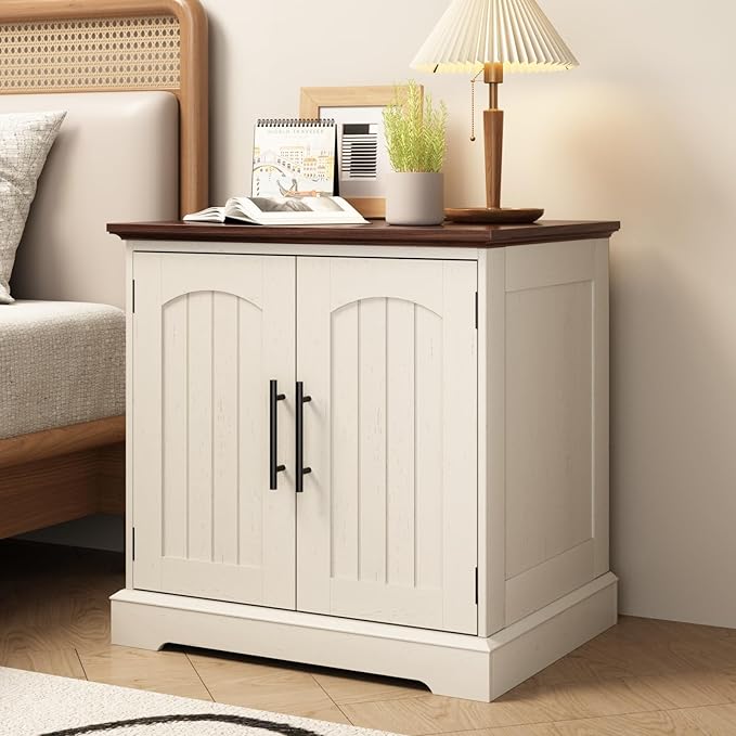Rustic End Table with Charging Station, 24" Large Sofa Side Table with 2 Arched Doors, Farmhouse Wood Square Nightstand Bedside Tables with Adjustable Storage Shelf for Living Room, Bedroom