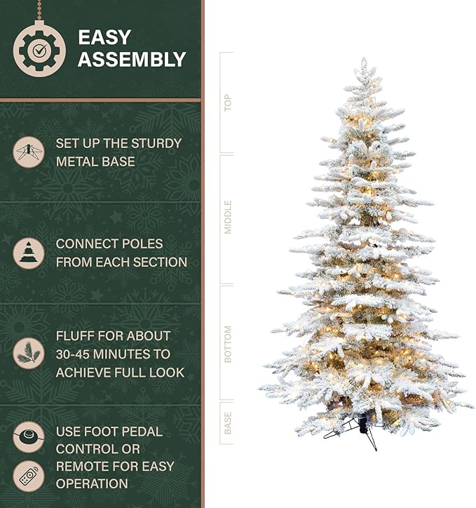 Fraser Hill Farm 10-Ft. Pine Valley Flocked Artificial Christmas Tree with White Incandescent Smart Lights and Stand, Prelit Foldable Fake Tree with Realistic Snowy Foliage for Home Decoration