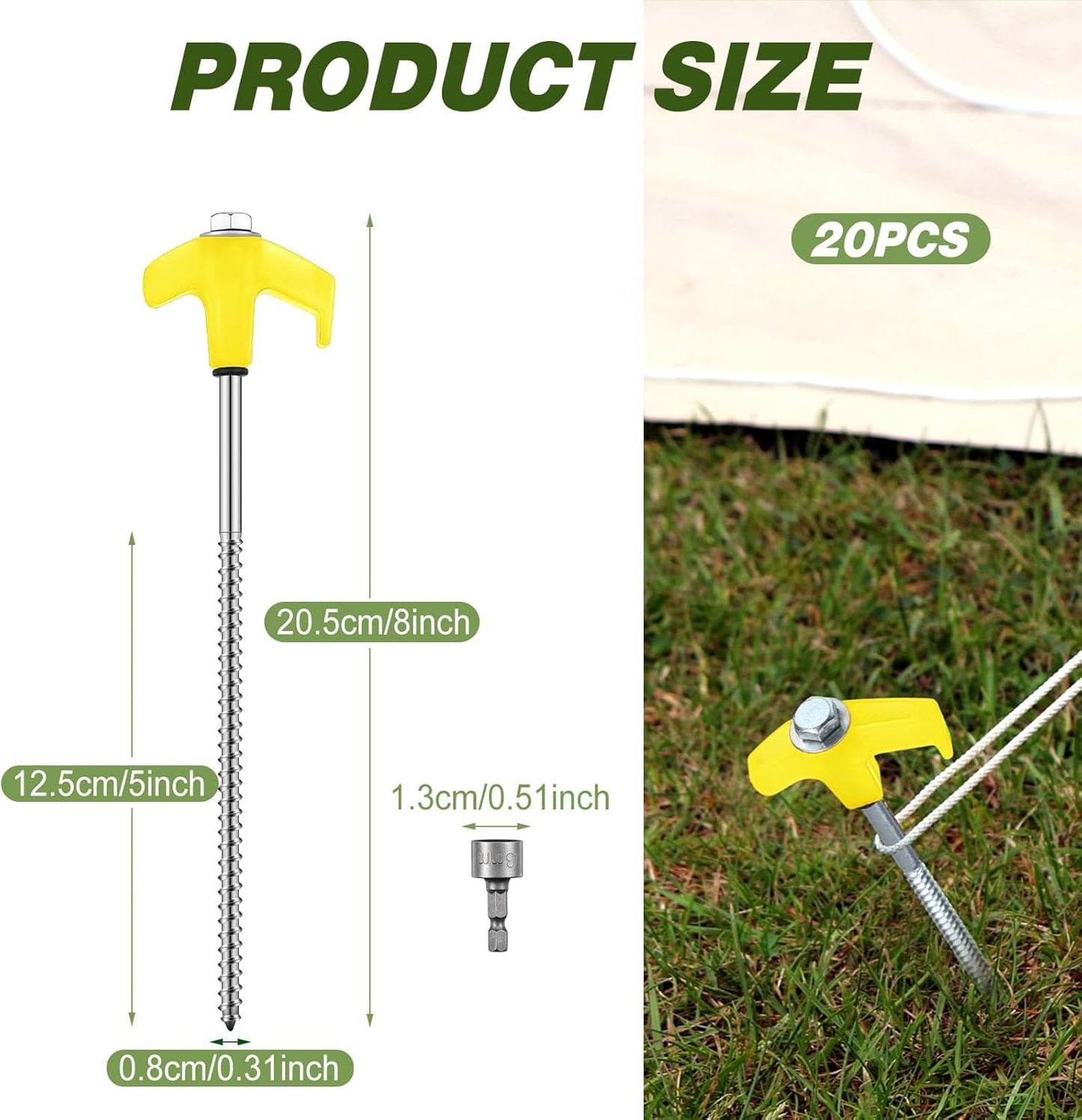 Hicarer 20 Pcs 20 Pcs 8'' Screw in Tent Stakes Heavy Duty Ground Metal Stakes for Inflatables with Hex Head Driver for Outdoor Camping Tent Inflatable Garden Decor (Yellow)