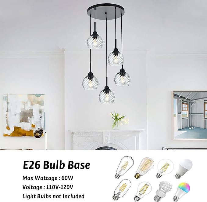 5 Light Cluster Pendant Light with Striped Swirl Globe Glass Black Pendant Lighting for Kitchen Island, Modern Dining Room Light Fixtures Over Table Hanging Ceiling Light, E26 Base