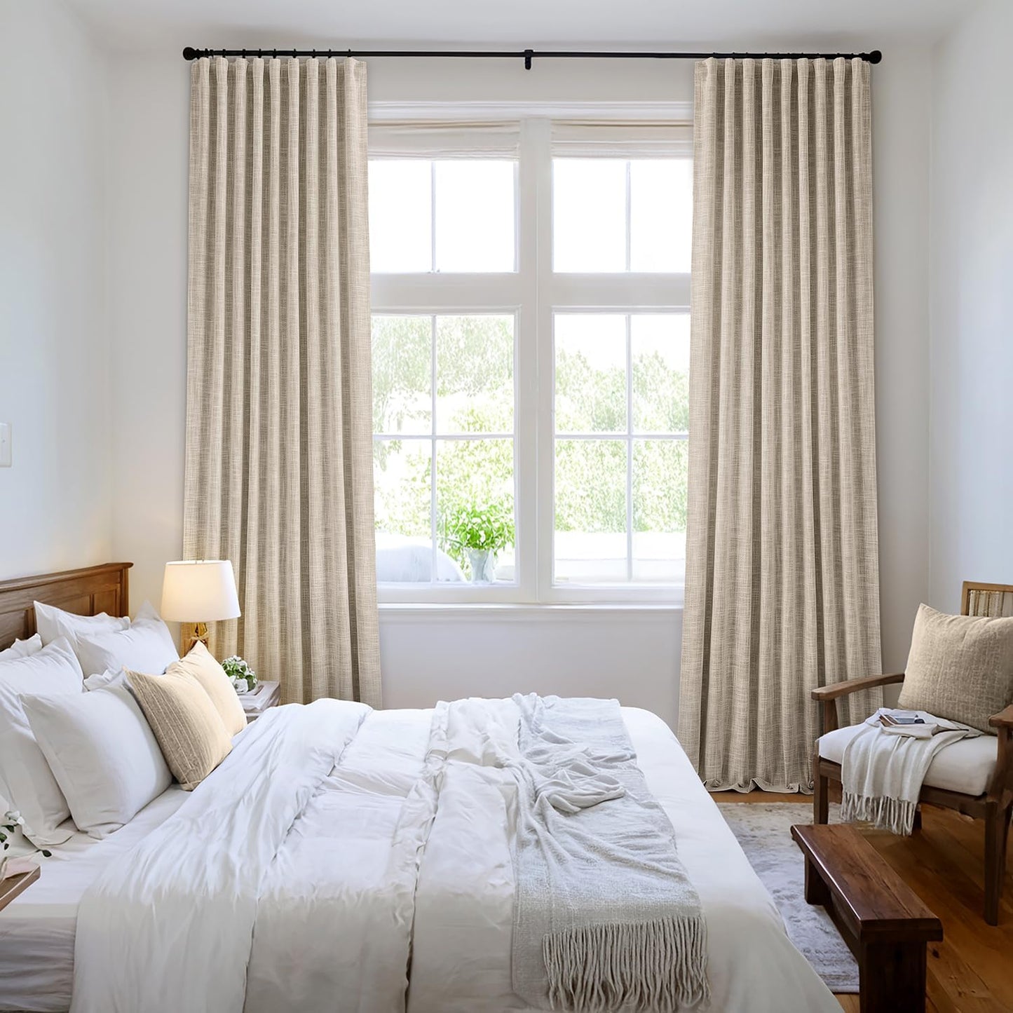 MIULEE Beige 100% Blackout Linen Curtains 80 Inch 2 Panels Set Double Sided No Coating Pleated Back Tab Black Out Long Thermal Insulated Pinch Pleat Bedroom Living Room Darkening Window Drapes