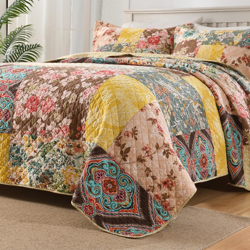 Autumn Dream Cotton Bedspread Quilt Sets Reversible Bedding Coverlet Sets, Luxury Vintage Floral Patchwork Yellow Bedspread,Queen Size