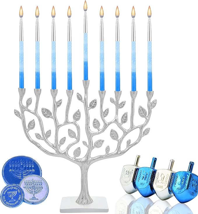 The Dreidel Company 2-Pack 45 Metallic Hanukkah Frosted Premium Tapered Hand Decorated Chanuka Candles Metallic Silver Blue Frost 1-Hour Burn Time