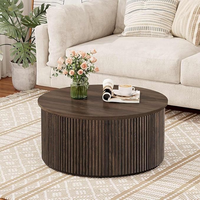 FATORRI Round Coffee Table, Fluted Woodern Center Table with Storage, Mid-Century Modern Cocktail Tables for Small Space, Living Room, Bedroom (31.5 Inch, Dark Walnut)
