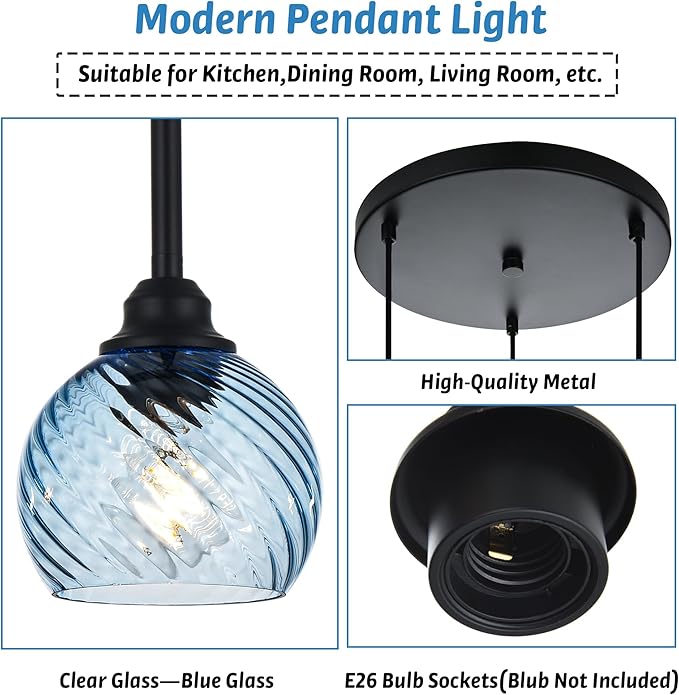 3 Light Pendant Lighting with Striped Swirl Globe Glass Blue Cluster Pendant Light for Kitchen Island, Modern Dining Room Light Fixtures Over Table Hanging Ceiling Light, E26 Base