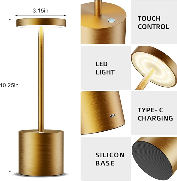 Cordless Table Lamps Rechargeable - Outdoor Waterproof LED Table Light Portable 5000mAh Battery Operated Lamp 3 Color Stepless Dimming with Memory Function for Restaurant Dining Patio Gold