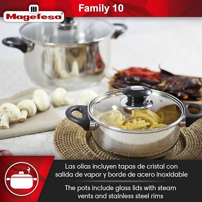 MAGEFESA Family 10-Piece Cookware Set, Crafted from Stainless Steel, Easy to Clean and Dishwasher Safe, Soft-Touch Bakelite Handles for a Comfortable Grip