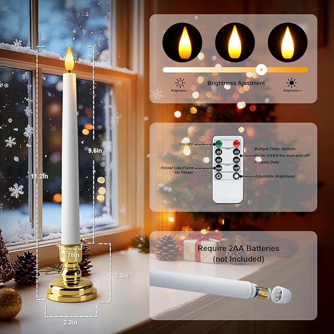 6 Pcs Window Candles with Gold Holders, Flameless Taper Candles with Remote and Timer, White LED Christmas Candle for Home Window Holiday Xmas Decor