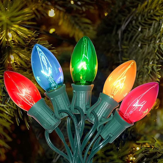 C9 Multicolor Christmas Lights Outdoor, 25Ft Vintage Christmas String Lights with 26 Clear Glass Multicolored Bulbs, Hanging Roofline Lights for Christmas Tree Patio Garden Party Decor-Green Wire