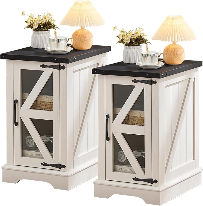 Narrow Night Stand Set 2, Farmhouse Side End Table with Glass Barn Door Storage, Bedside Tables, White Nightstand Cabinet Organizer for Small Spaces Living Room Bedroom