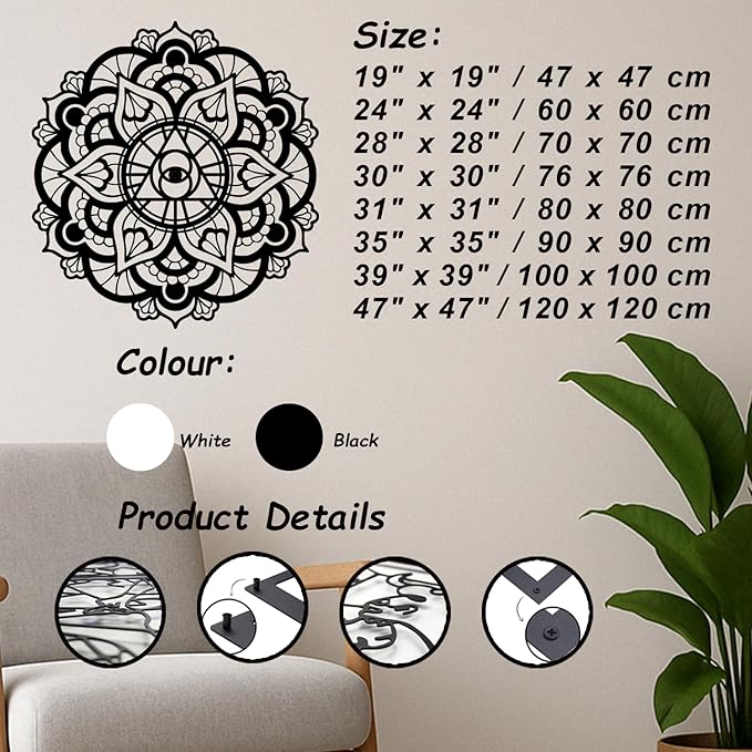 XXQ Mandala Eye of Providence Metal Wall Art Sacred Geometry Design, Black and White Abstract Geometric Wall Sculpture for Living Room, Office, Meditation Room (White, 39" x 39" / 100 x 100 cm)