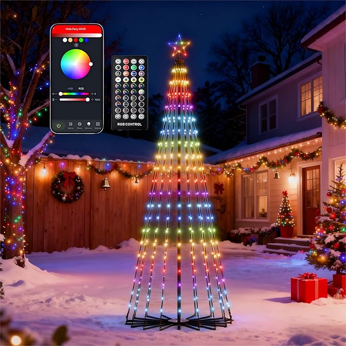 Christmas Cone Tree Lights, 8.5ft 460 LEDs Christmas Tree Lights with App Control, IP67 Waterproof Outdoor String Lights for Xmas Decorations,100+ Scene Modes, Music Sync,Adapter,Black Stand