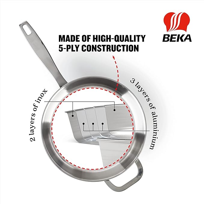 Beka Maestro 11" 5-Ply Stainless Steel Frying Pan – Dishwasher & Oven Safe, No Hot Spots and Stay-Cool Handle