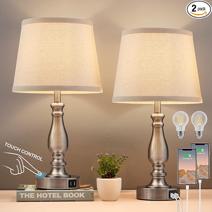 Lamps for Bedrooms Set of 2, Brushed Nickel Bedside Lamps with USB C+A Ports,Dimmable Nightstand Lamps with Fabric Lampshade, Touch Table Lamp for Living Room Bedroom Office, Bulbs Included
