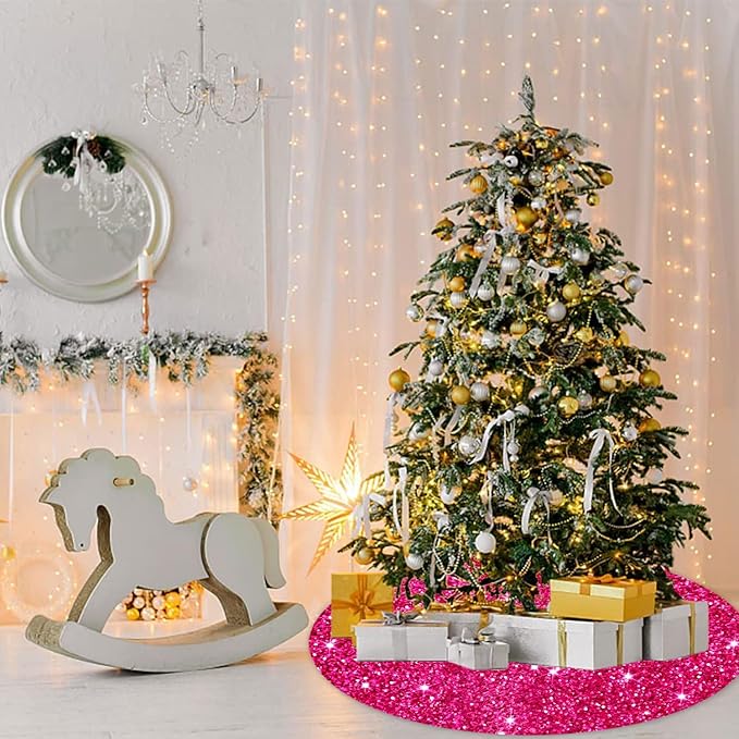 FUHSY Hot Pink Tree Skirt Sequin Christmas Tree Skirt 36 Inches Fuchsia Tree Skirts Velvet Xmas Tree Floor Mat for Christmas Decorations Indoor Xmas Tree Skirt Collar for Christmas Holiday Party