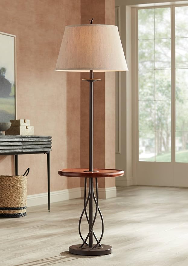 Franklin Iron Works Rustic Farmhouse Country Cottage Floor Lamp with Tray End Table 63.5" Tall Wood Twisted Iron Base Brown Linen Fabric Tapered Drum Shade for Living Room Reading House Bedroom