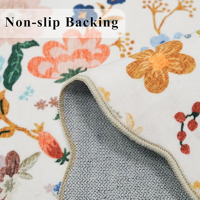 Washable 4x8 Wide Runner Rug: Hallway Entryway Non Slip Scalloped Floral Rug Farmhouse Soft Stain Resistant Carpet for Kitchen Bathroom Bedroom Low Pile Pet Friendly Floor Mat (4x8,Cream)