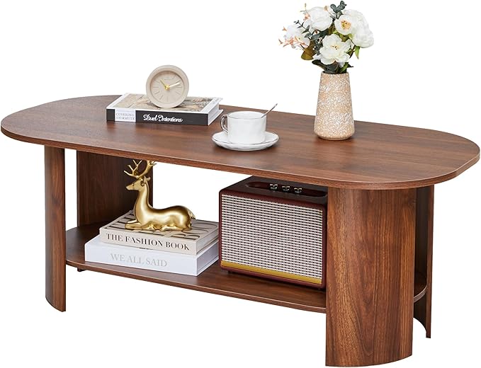 43.3” Oval Coffee Table for Living Room, Wood Farmhouse Coffee Tables with Storage, 2-Tier Center Table with Storage Shelf Low Tea Table for Small Space, Home, Office, Easy Assembly (Walnut)