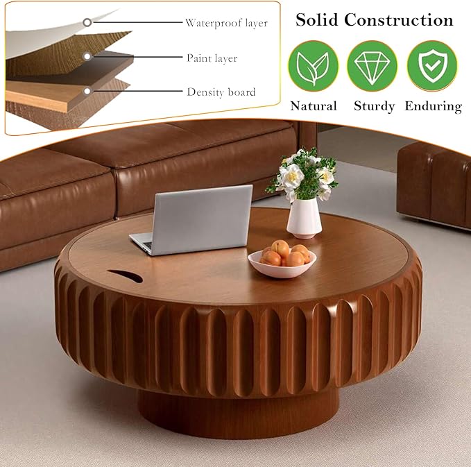 31.5" Round Drum Coffee Table with Storage Retro Rustic Center Table - Solid Wood Handcrafted Relief Veneer for Farmhouse Apartment (A Round 31.5in)