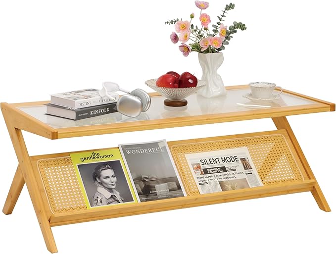 Bamboo Coffee Table, Accent Rattan Coffee Table with Glass Top, Mid-Century Wooden Center Tables, Modern Sofa Side Tea Tables with Storage for Living Room, Burlywood